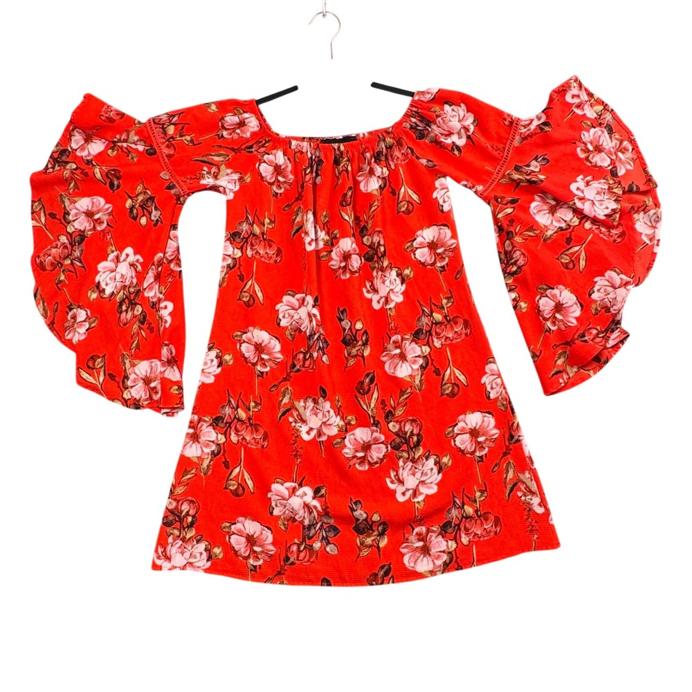 Red Floral Boho Mini Dress Off‎ Shoulder Bell Sleeve Cottagecore Garden Party
